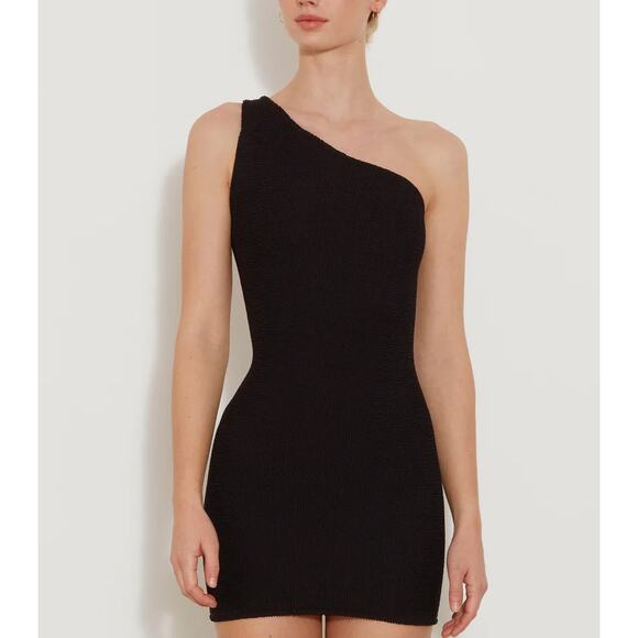 Hunza G | NWT Nancy Black One Shoulder Dress Crinklr Fabric OS - Picture 3 of 14